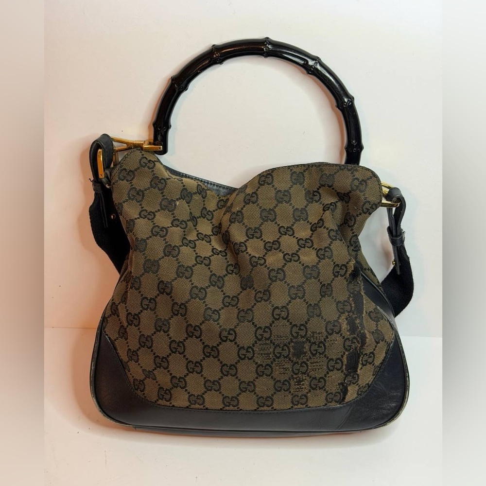 Gucci Bamboo GG Canvas Shoulder Bag in Brown and Black - Picture 5 of 13
